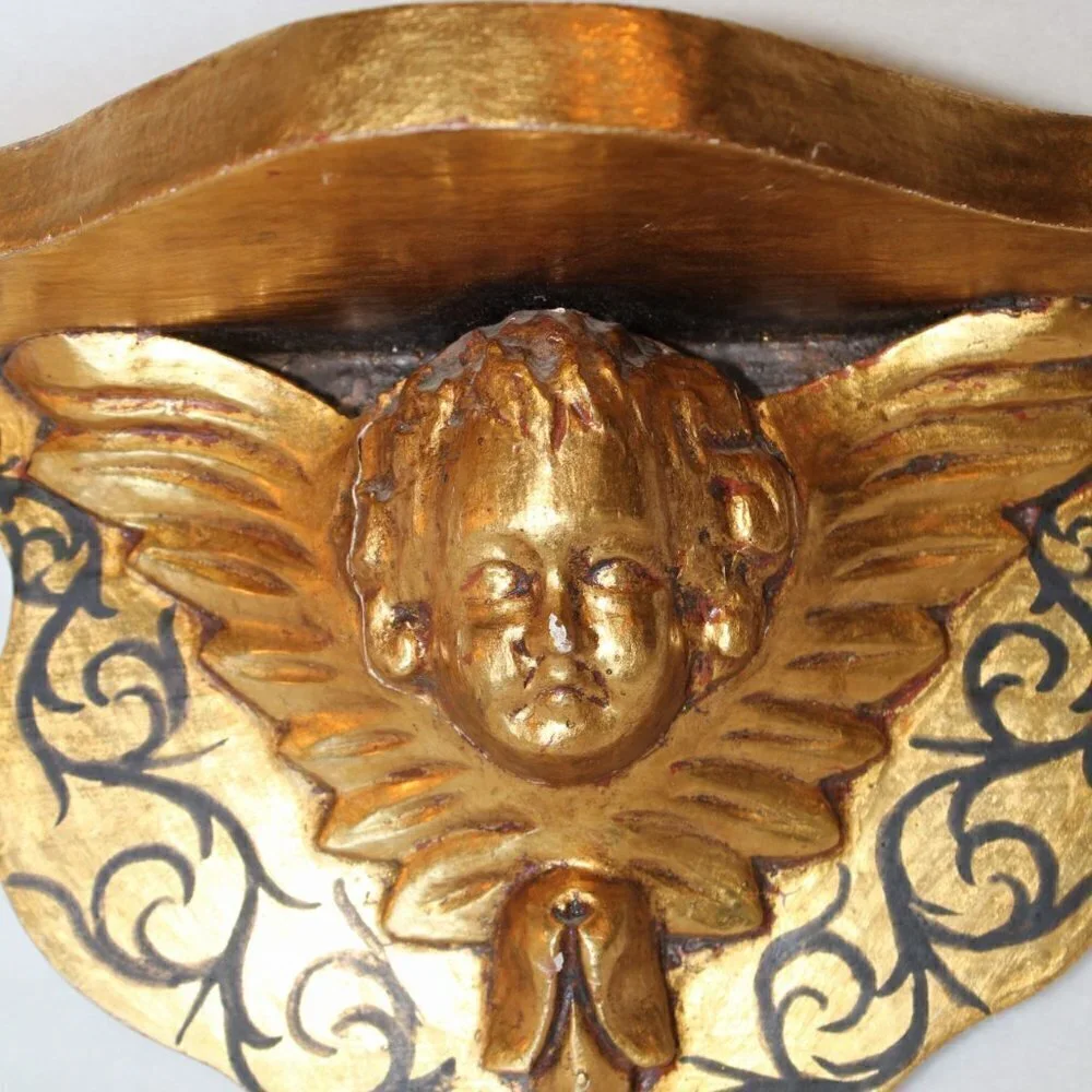 Antique vintage wood carved gilded Putti brackets Cherub Baroque golden flaws